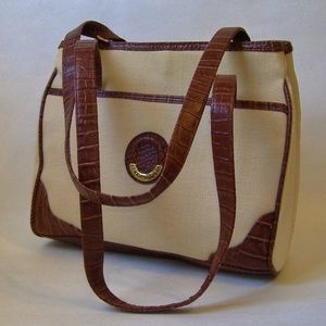 Linea Nuova Brown Faux Leather Beige Fabric Purse